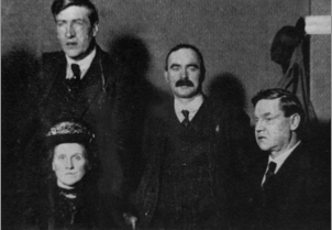 Jim Larkin, James Connolly, Big Bill Haywood of the Industrial Workers of the World, and Mrs. Bamber of the Liverpool Trades Council